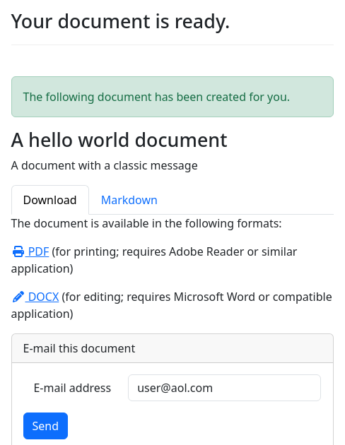 Screenshot of document-email-custom example